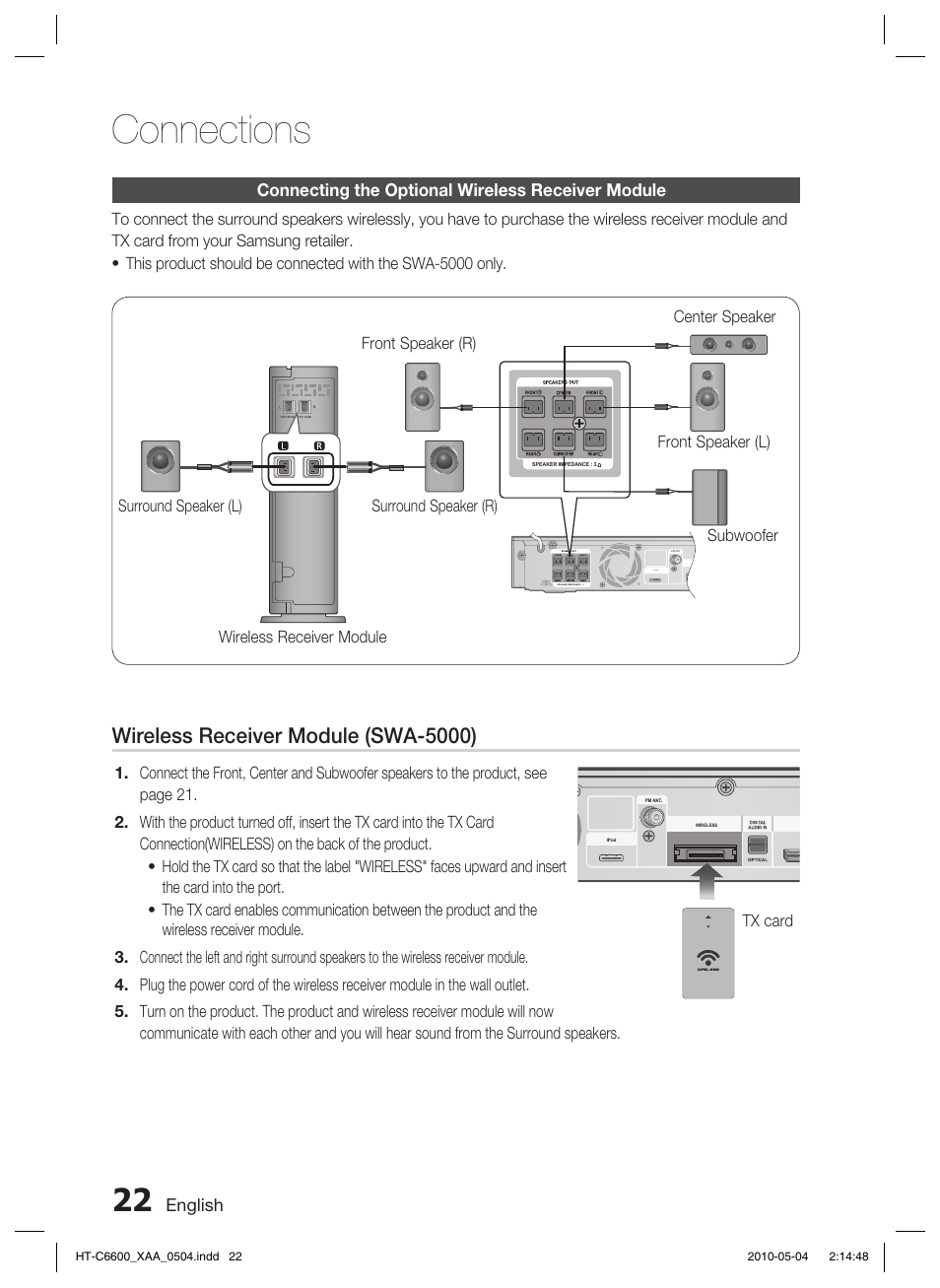 Connecting the optional wireless receiver module, Connections, Wireless receiver module (swa-5000) | Samsung AH68-02302R User Manual | Page 22 / 73