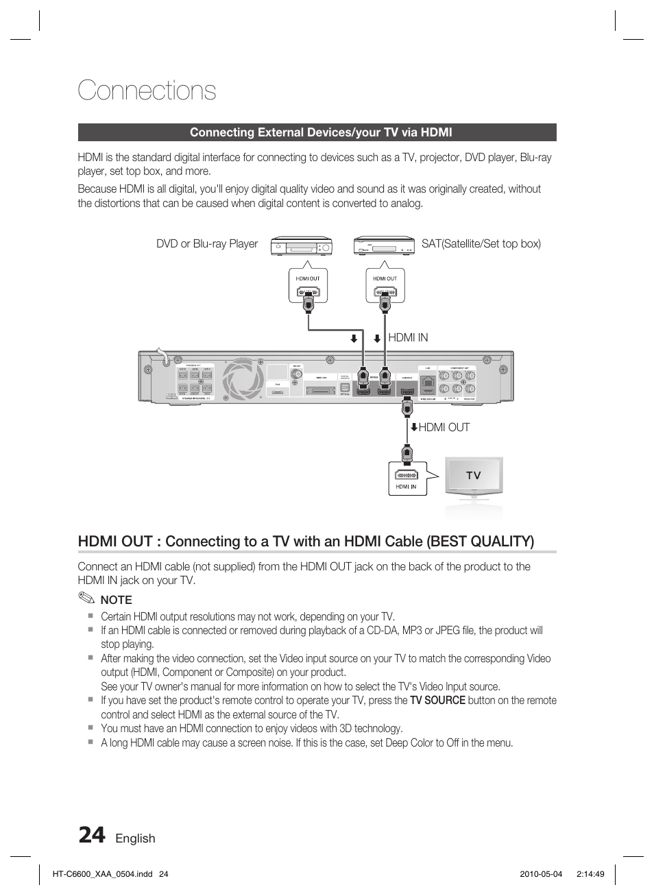 Connecting external devices/your tv via hdmi, Connections | Samsung AH68-02302R User Manual | Page 24 / 73