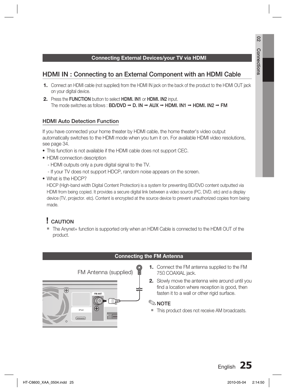 Connecting the fm antenna, Connecting the video out to your tv | Samsung AH68-02302R User Manual | Page 25 / 73