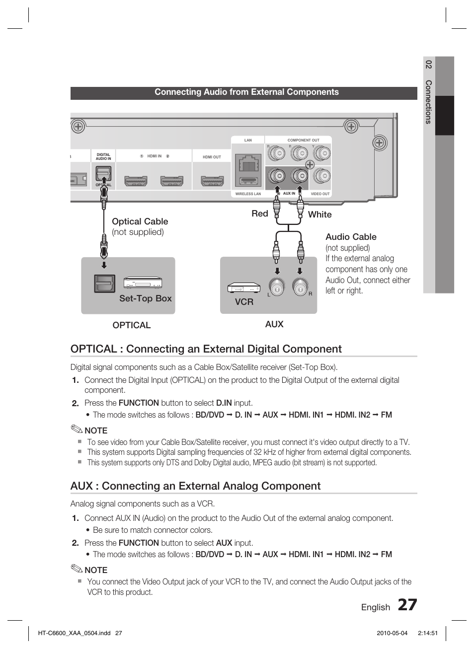 Connecting to the network, Optical : connecting an external digital component, Aux : connecting an external analog component | Samsung AH68-02302R User Manual | Page 27 / 73