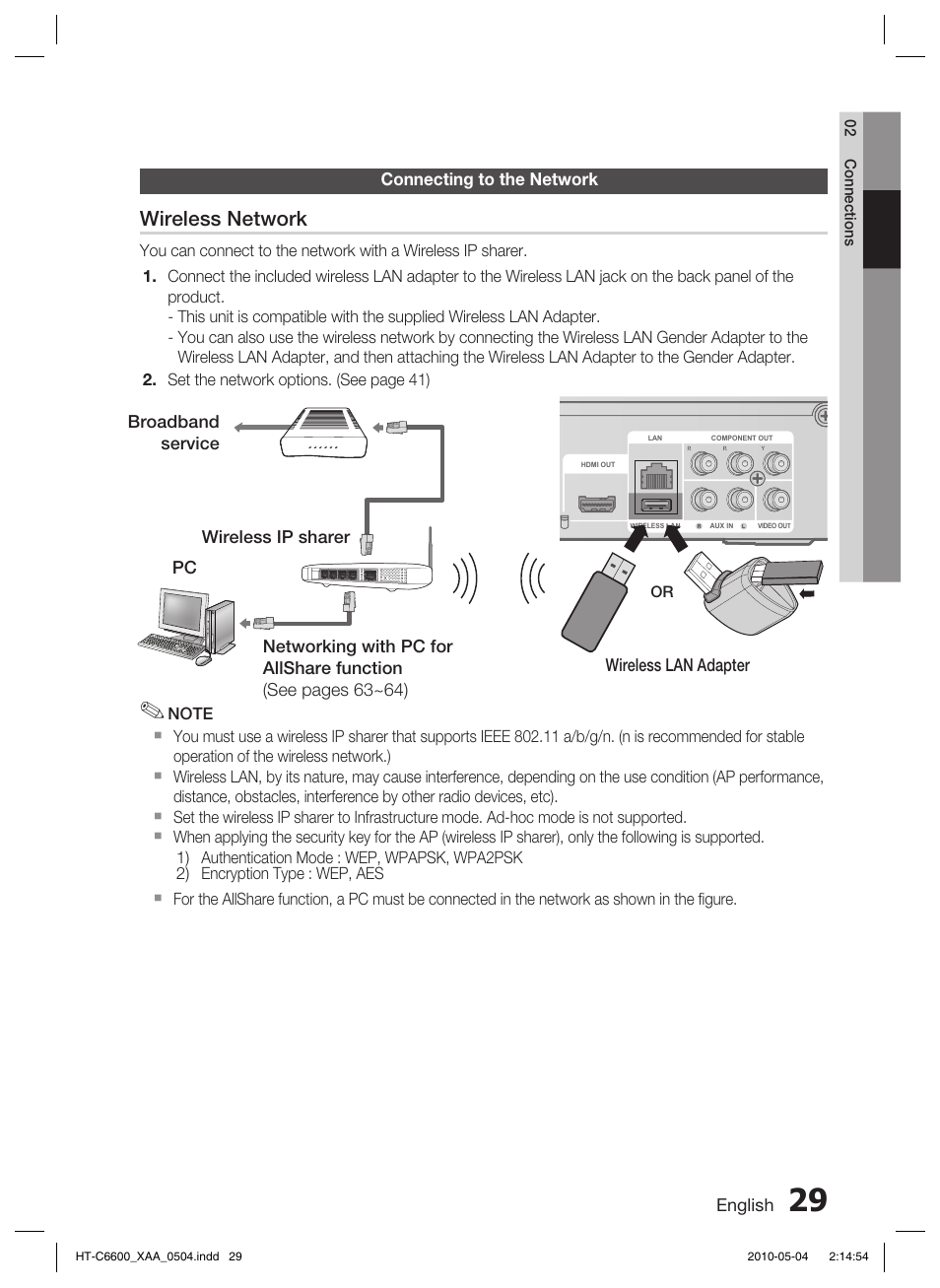 Connecting to the network, Wireless network | Samsung AH68-02302R User Manual | Page 29 / 73