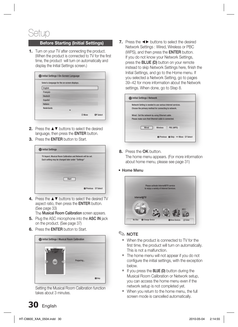 Setup, Before starting (initial settings), English | Home menu | Samsung AH68-02302R User Manual | Page 30 / 73