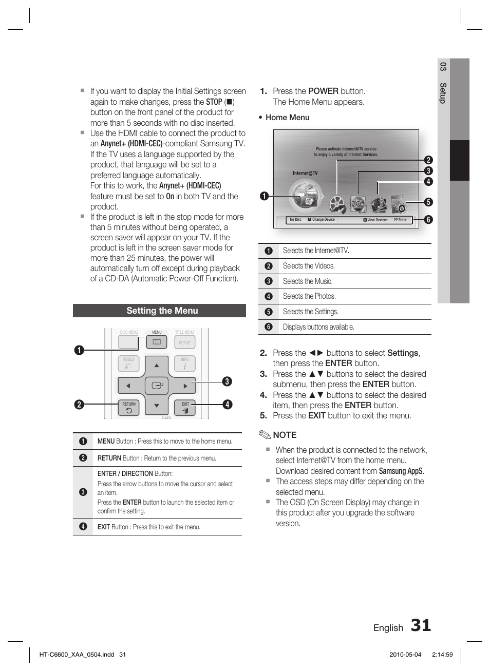 Setting the menu | Samsung AH68-02302R User Manual | Page 31 / 73