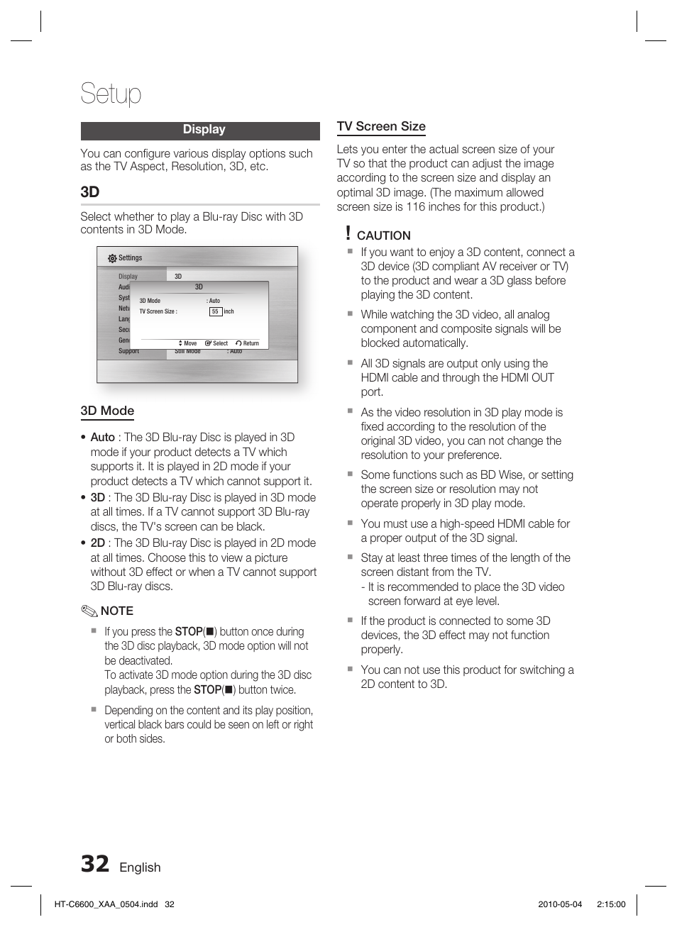 Display, Setup | Samsung AH68-02302R User Manual | Page 32 / 73