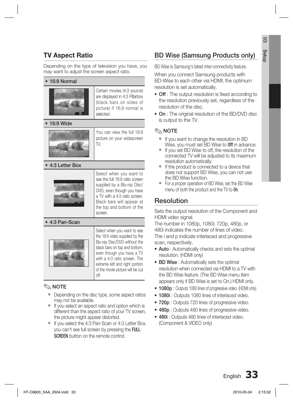 Tv aspect ratio, Bd wise (samsung products only), Resolution | Samsung AH68-02302R User Manual | Page 33 / 73