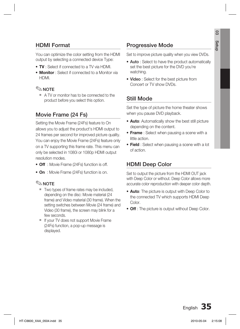 Hdmi format, Movie frame (24 fs), Progressive mode | Still mode, Hdmi deep color | Samsung AH68-02302R User Manual | Page 35 / 73