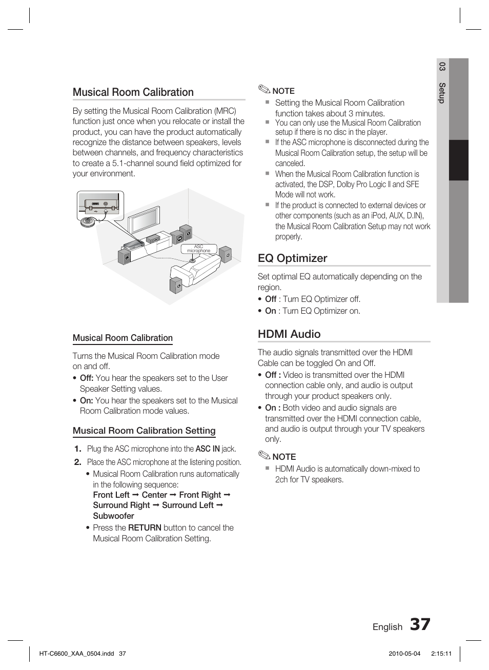 Musical room calibration, Eq optimizer, Hdmi audio | Samsung AH68-02302R User Manual | Page 37 / 73