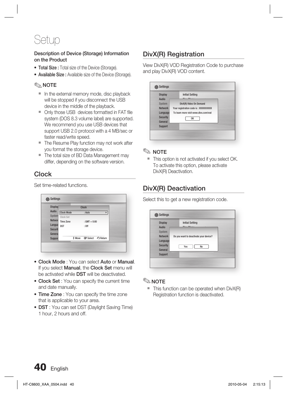 Network setup, Setup, Clock | Divx(r) registration, Divx(r) deactivation, English | Samsung AH68-02302R User Manual | Page 40 / 73