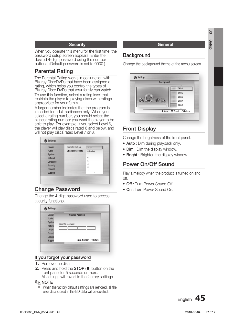 Security, General, Support | Parental rating, Change password, Background, Front display, Power on/off sound, English, If you forgot your password | Samsung AH68-02302R User Manual | Page 45 / 73