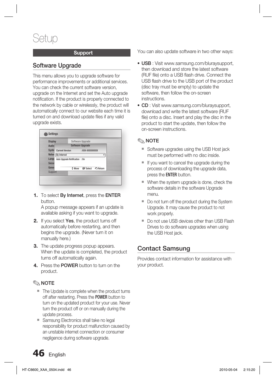 Setup, Software upgrade, Contact samsung | Samsung AH68-02302R User Manual | Page 46 / 73