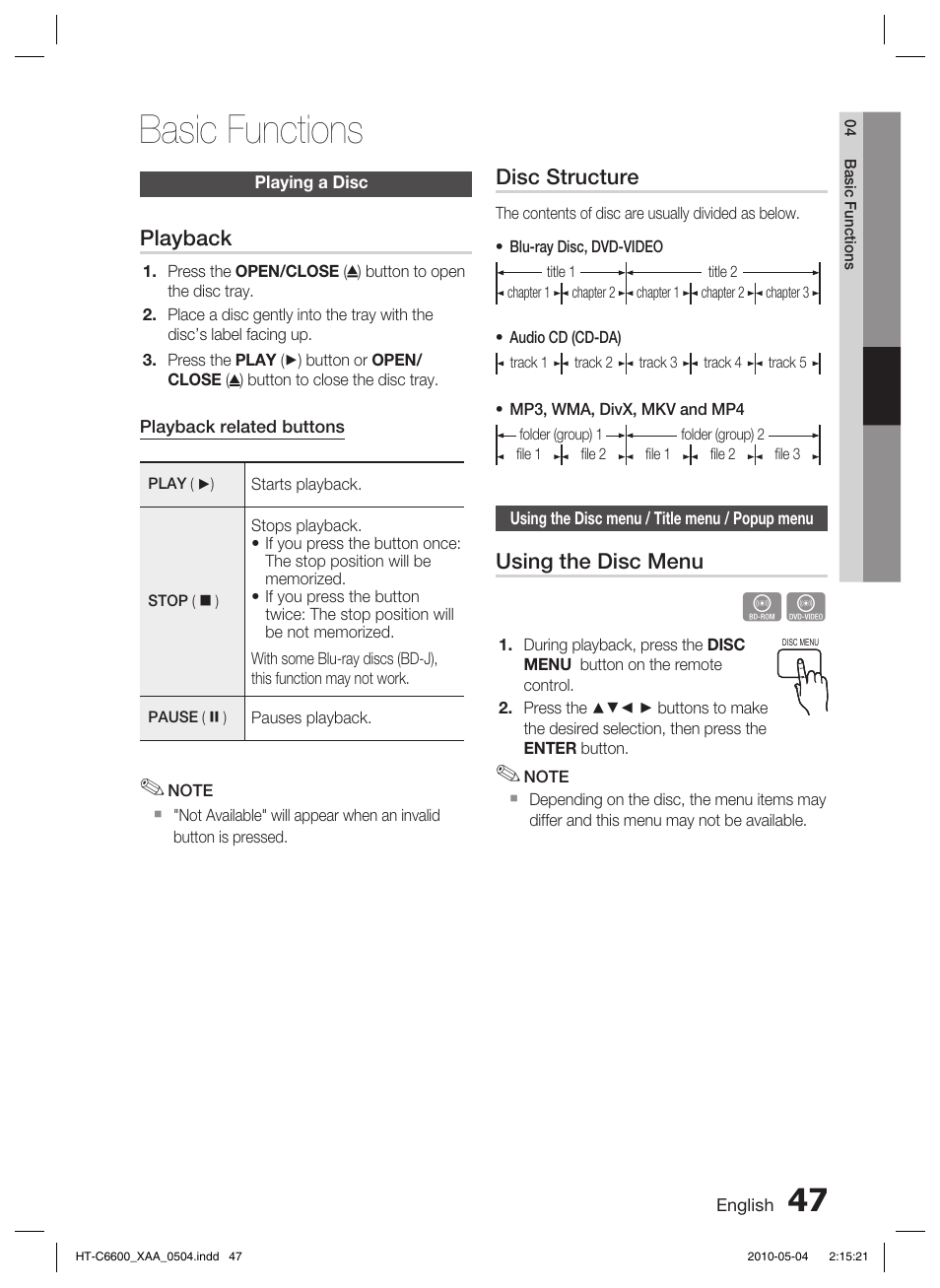 Playing a disc, Using the disc menu / title menu / popup menu, Using the search and skip functions | Basic functions, Playback, Disc structure, Using the disc menu | Samsung AH68-02302R User Manual | Page 47 / 73