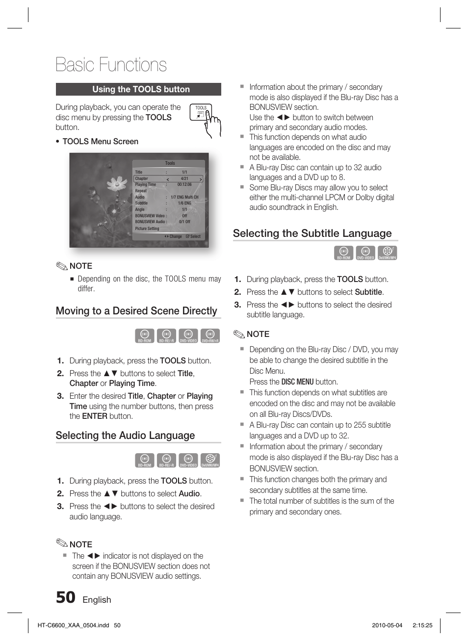 Using the tools button, Basic functions, Hzzy | Hzzx, Moving to a desired scene directly, Selecting the audio language, Selecting the subtitle language | Samsung AH68-02302R User Manual | Page 50 / 73