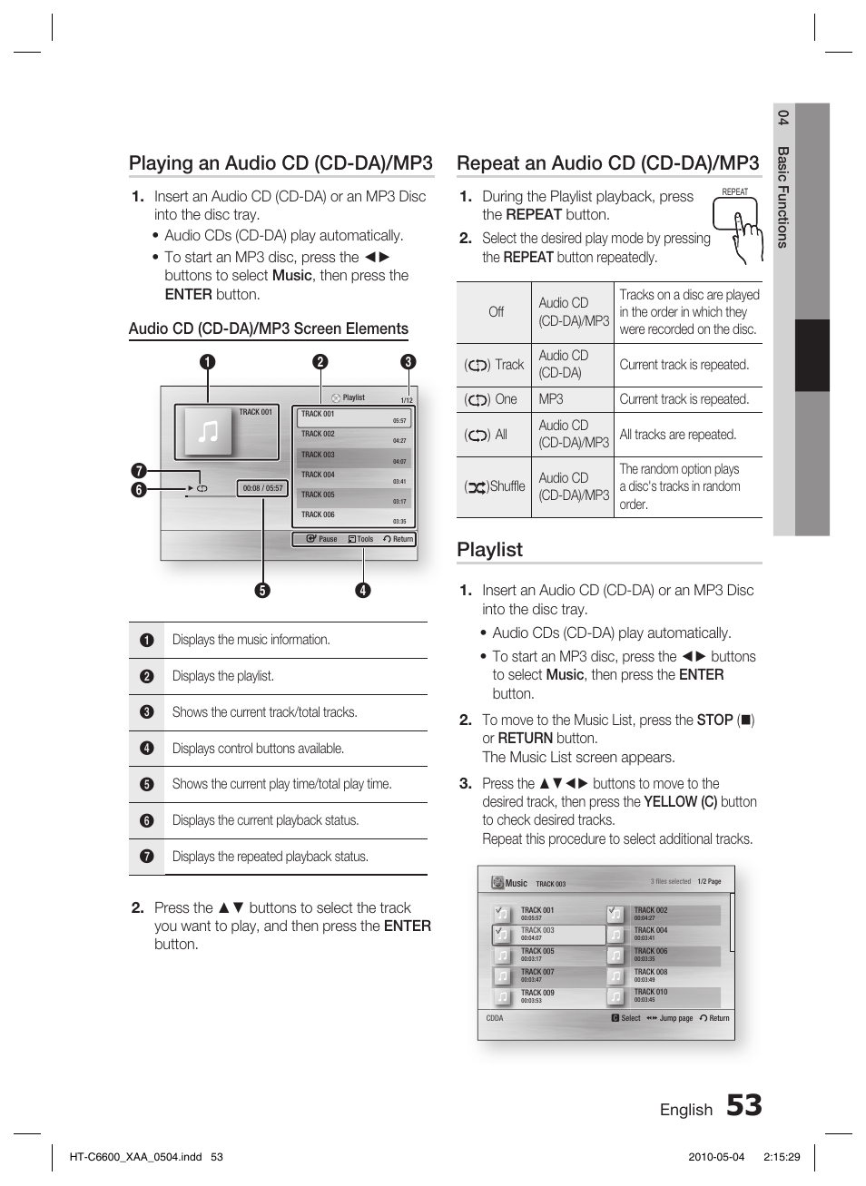 Playing an audio cd (cd-da)/mp3, Repeat an audio cd (cd-da)/mp3, Playlist | English, Audio cd (cd-da)/mp3 screen elements | Samsung AH68-02302R User Manual | Page 53 / 73