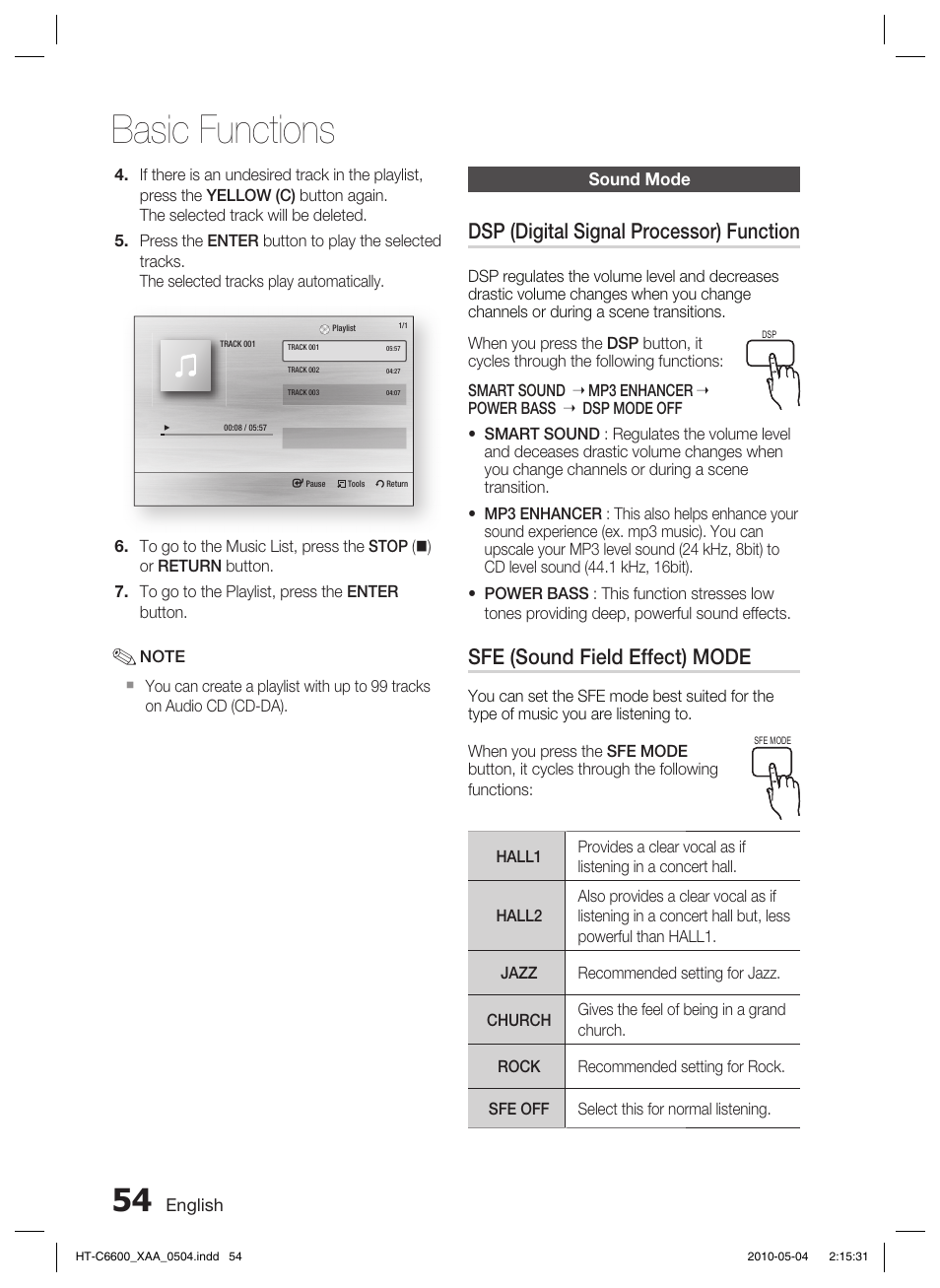 Sound mode, Basic functions, Dsp (digital signal processor) function | Sfe (sound field effect) mode | Samsung AH68-02302R User Manual | Page 54 / 73