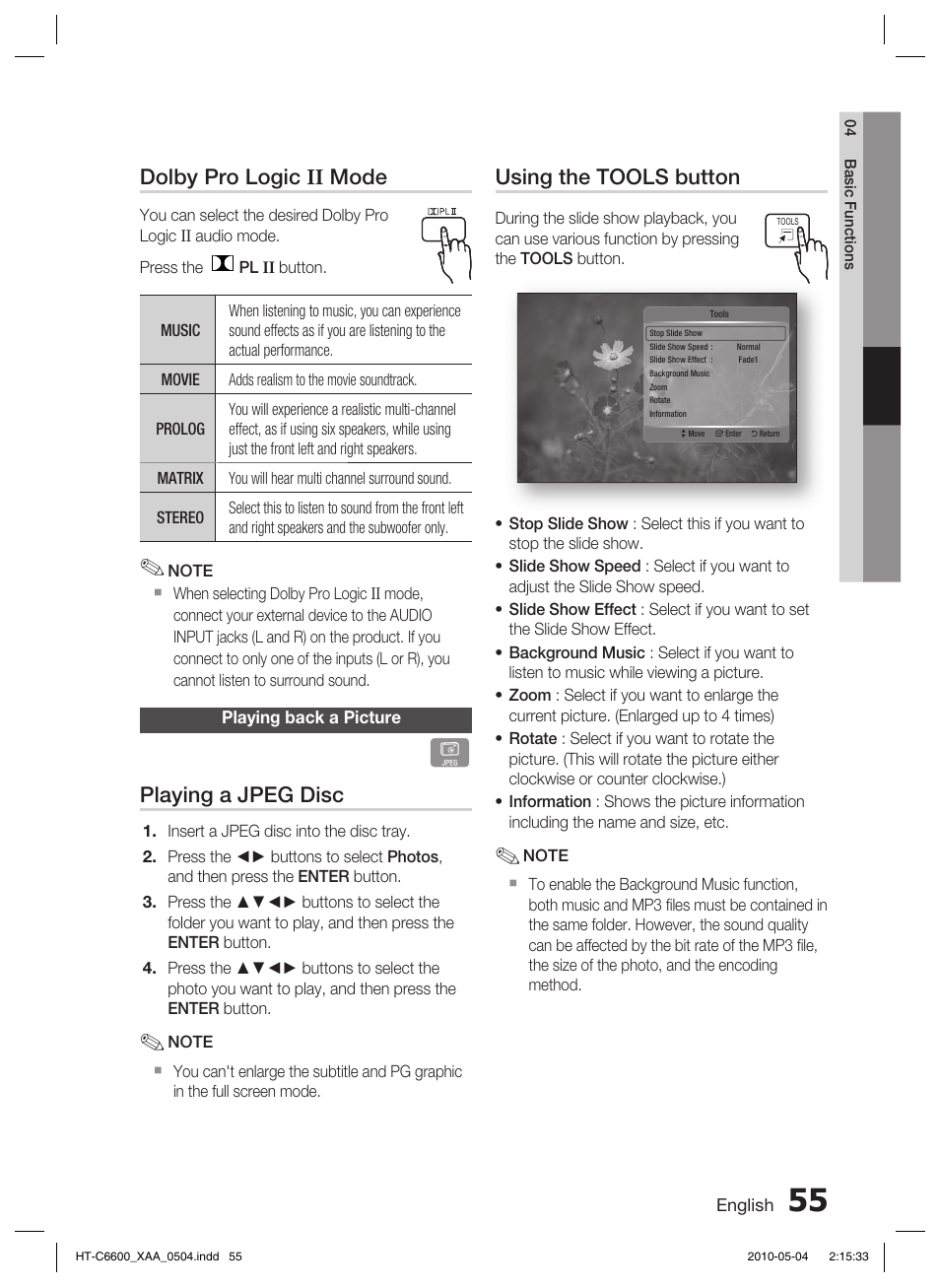 Playing back a picture, Using the tools button, Dolby pro logic ii mode | Playing a jpeg disc | Samsung AH68-02302R User Manual | Page 55 / 73