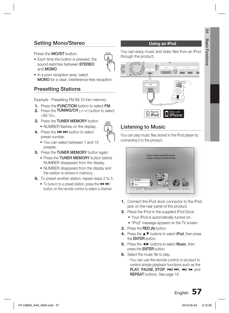 Using an ipod, Listening to music, Setting mono/stereo | Presetting stations, English | Samsung AH68-02302R User Manual | Page 57 / 73