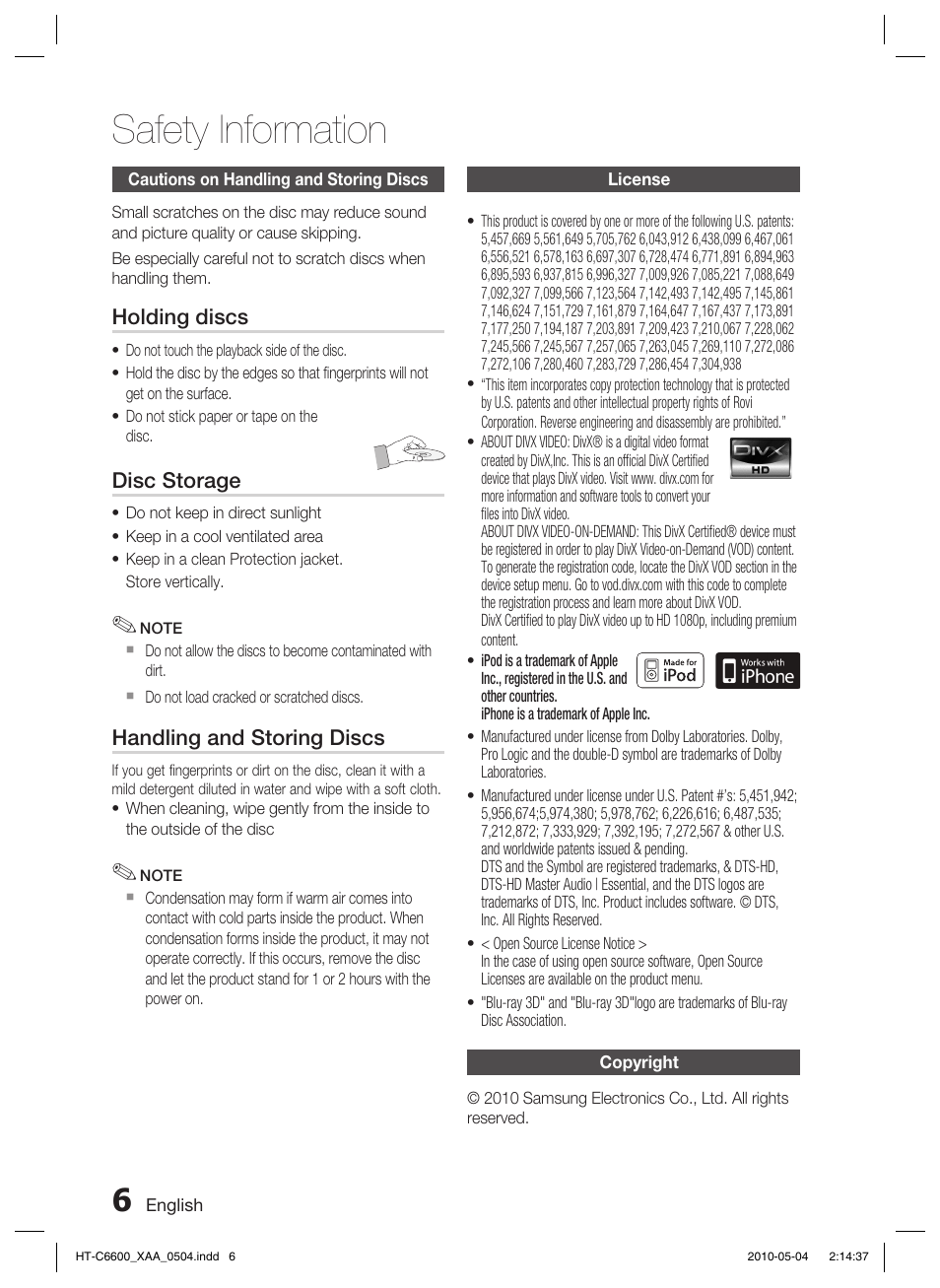 Cautions on handling and storing discs, License, Copyright | Safety information | Samsung AH68-02302R User Manual | Page 6 / 73