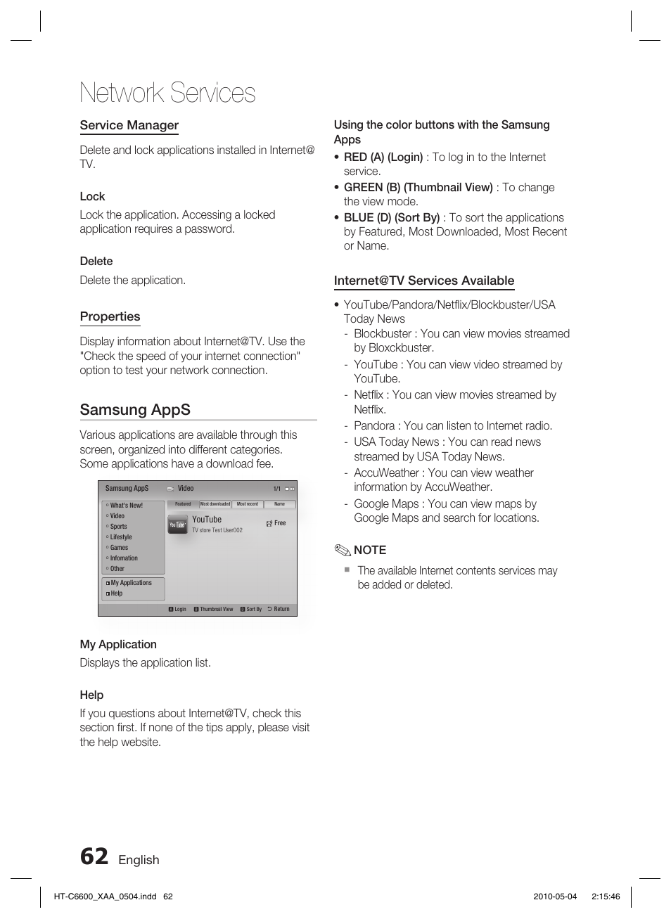 Network services, Samsung apps, English | Service manager, Properties, Internet@tv services available | Samsung AH68-02302R User Manual | Page 62 / 73