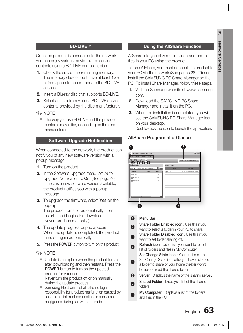 Bd-live, Software upgrade notifi cation, Using the allshare function | Samsung AH68-02302R User Manual | Page 63 / 73