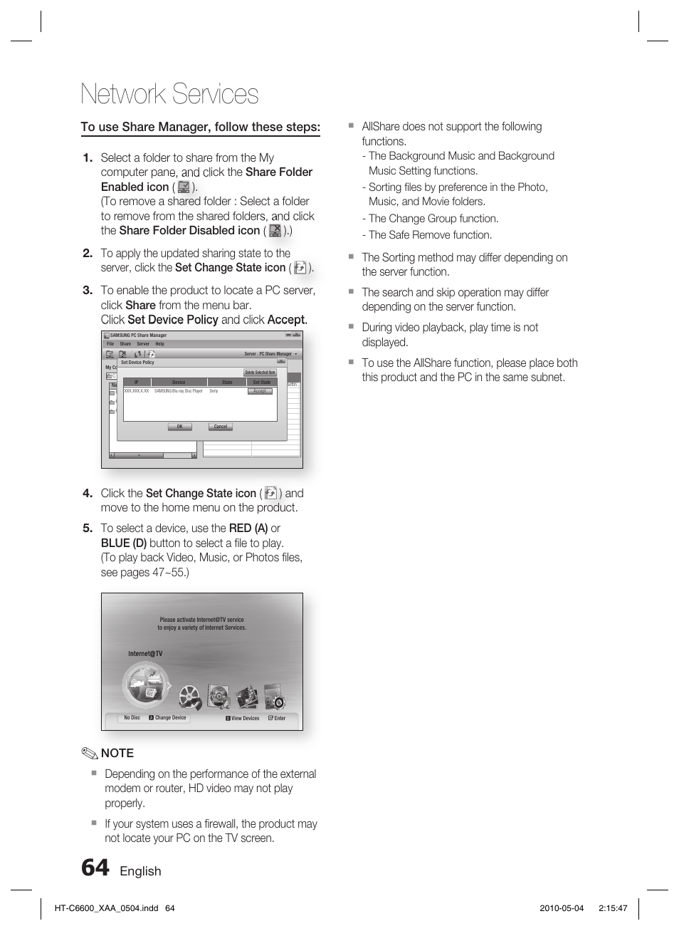 Network services, English, Allshare does not support the following functions | Samsung AH68-02302R User Manual | Page 64 / 73