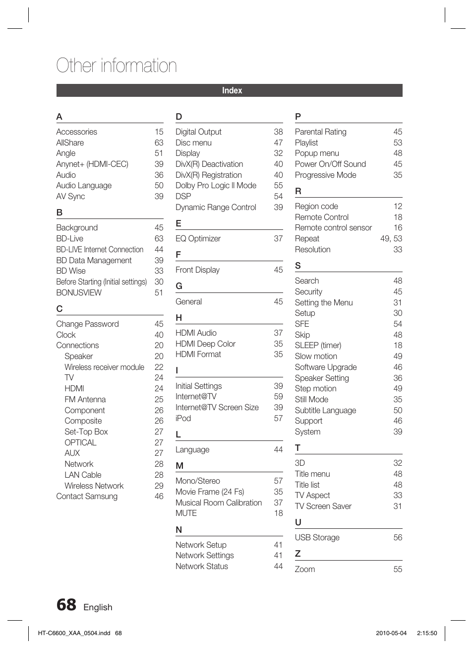 Index, Other information | Samsung AH68-02302R User Manual | Page 68 / 73