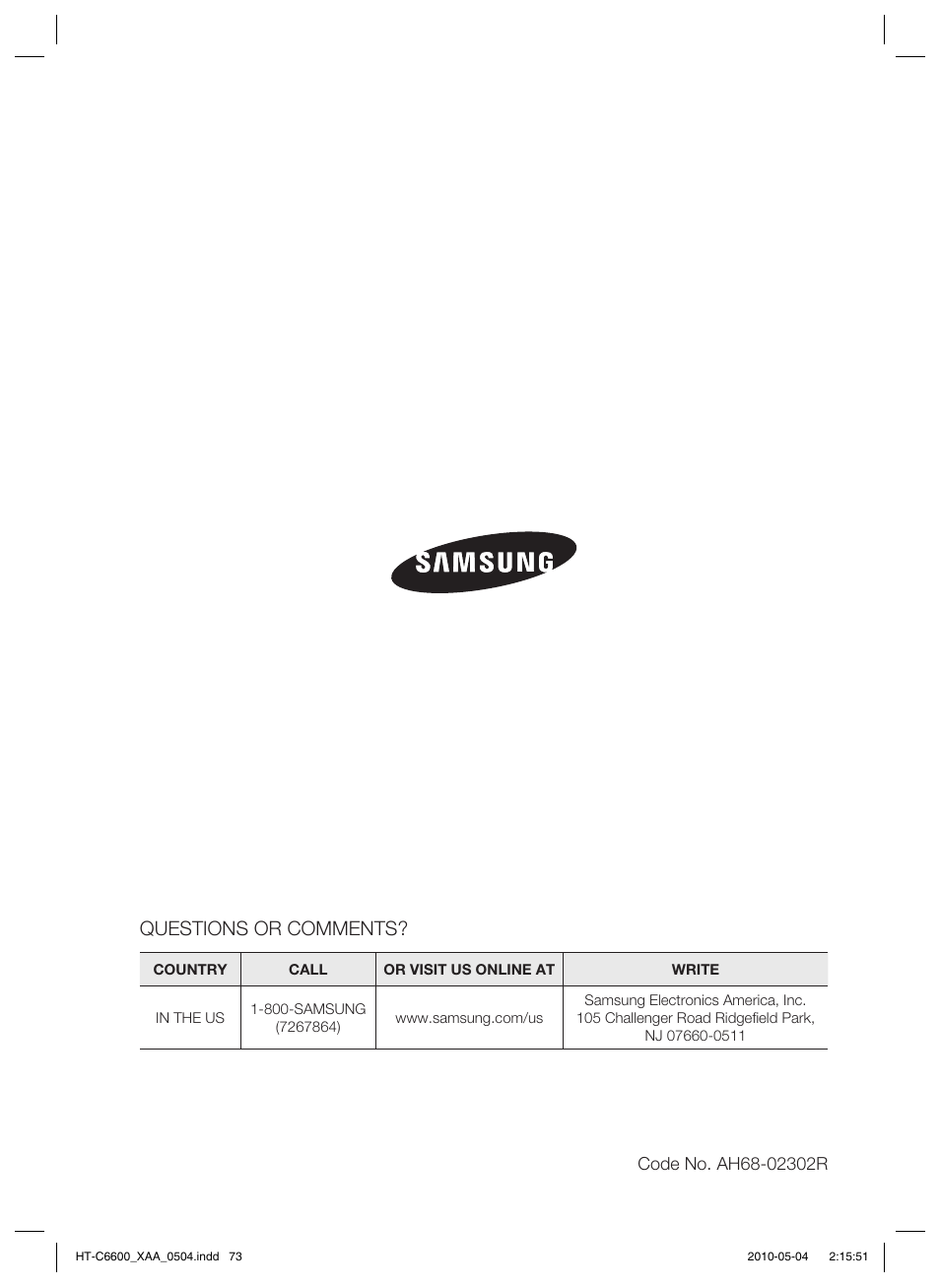 Questions or comments | Samsung AH68-02302R User Manual | Page 73 / 73