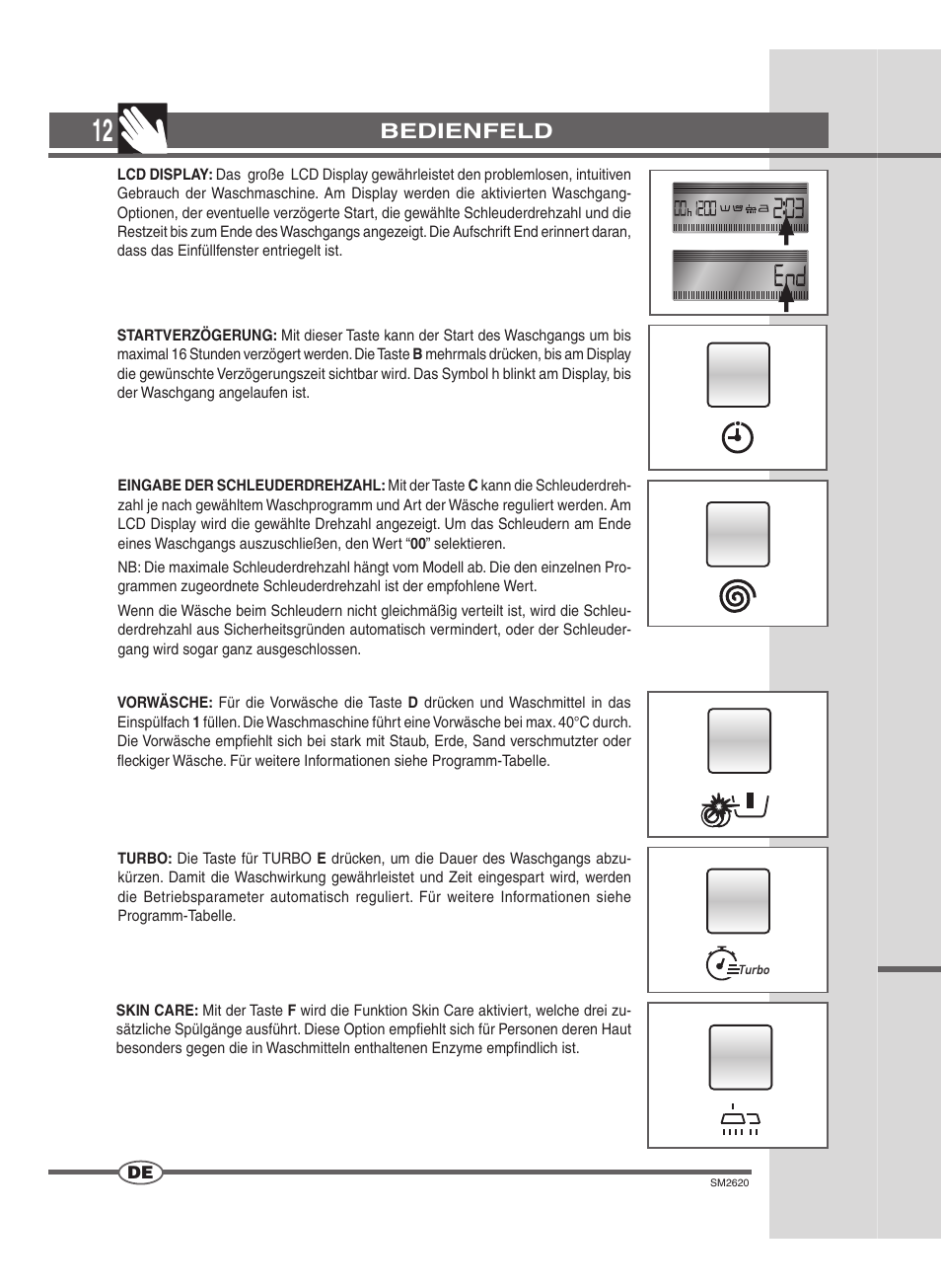 Bedienfeld | Ardo FLOI126L User Manual | Page 12 / 72