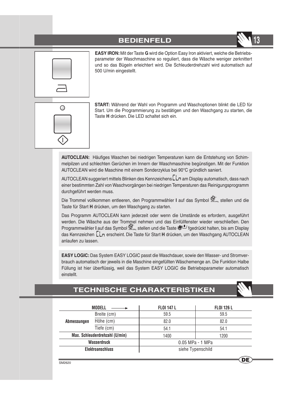 Bedienfeld, Technische charakteristiken | Ardo FLOI126L User Manual | Page 13 / 72