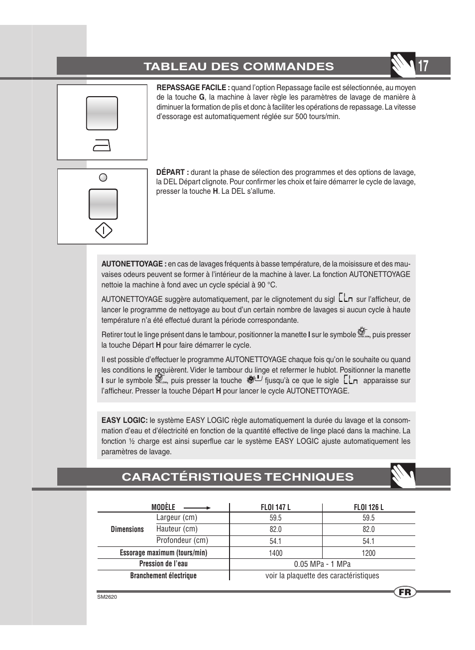 Tableau des commandes, Caractéristiques techniques | Ardo FLOI126L User Manual | Page 17 / 72