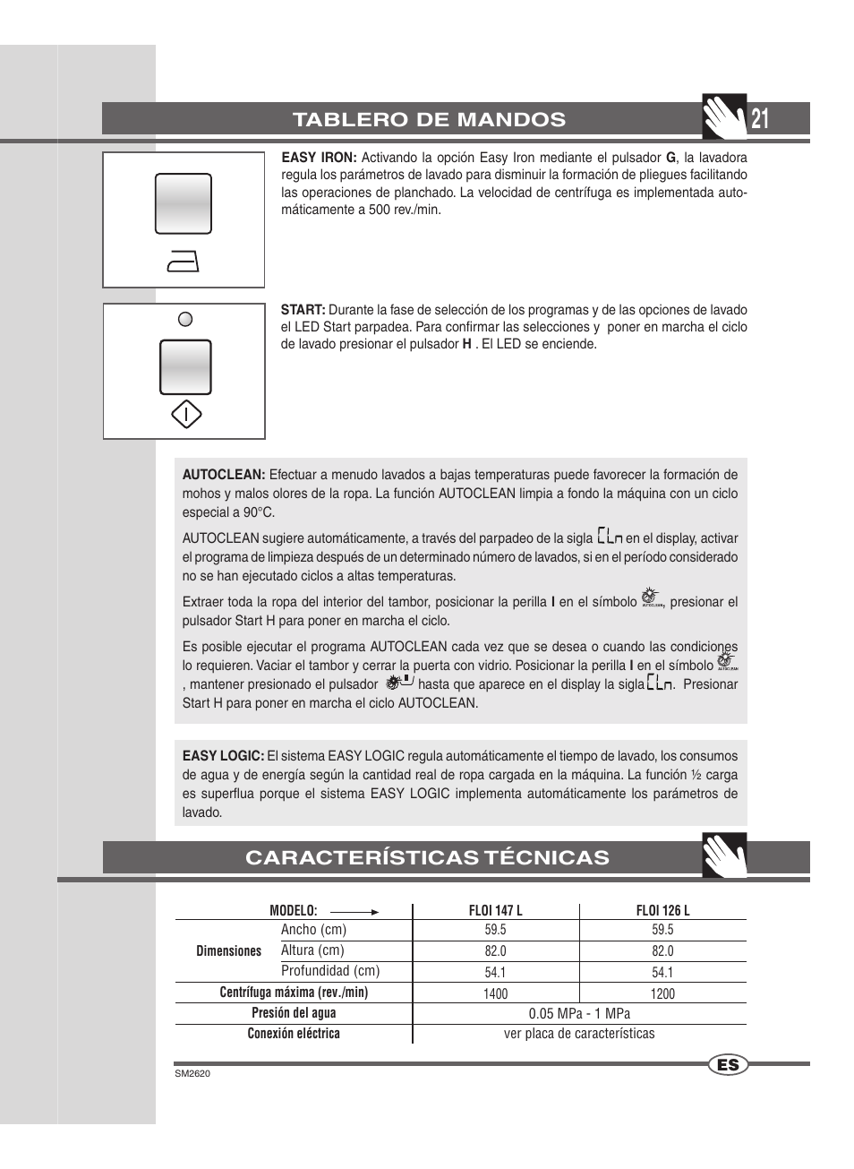 Tablero de mandos, Características técnicas | Ardo FLOI126L User Manual | Page 21 / 72