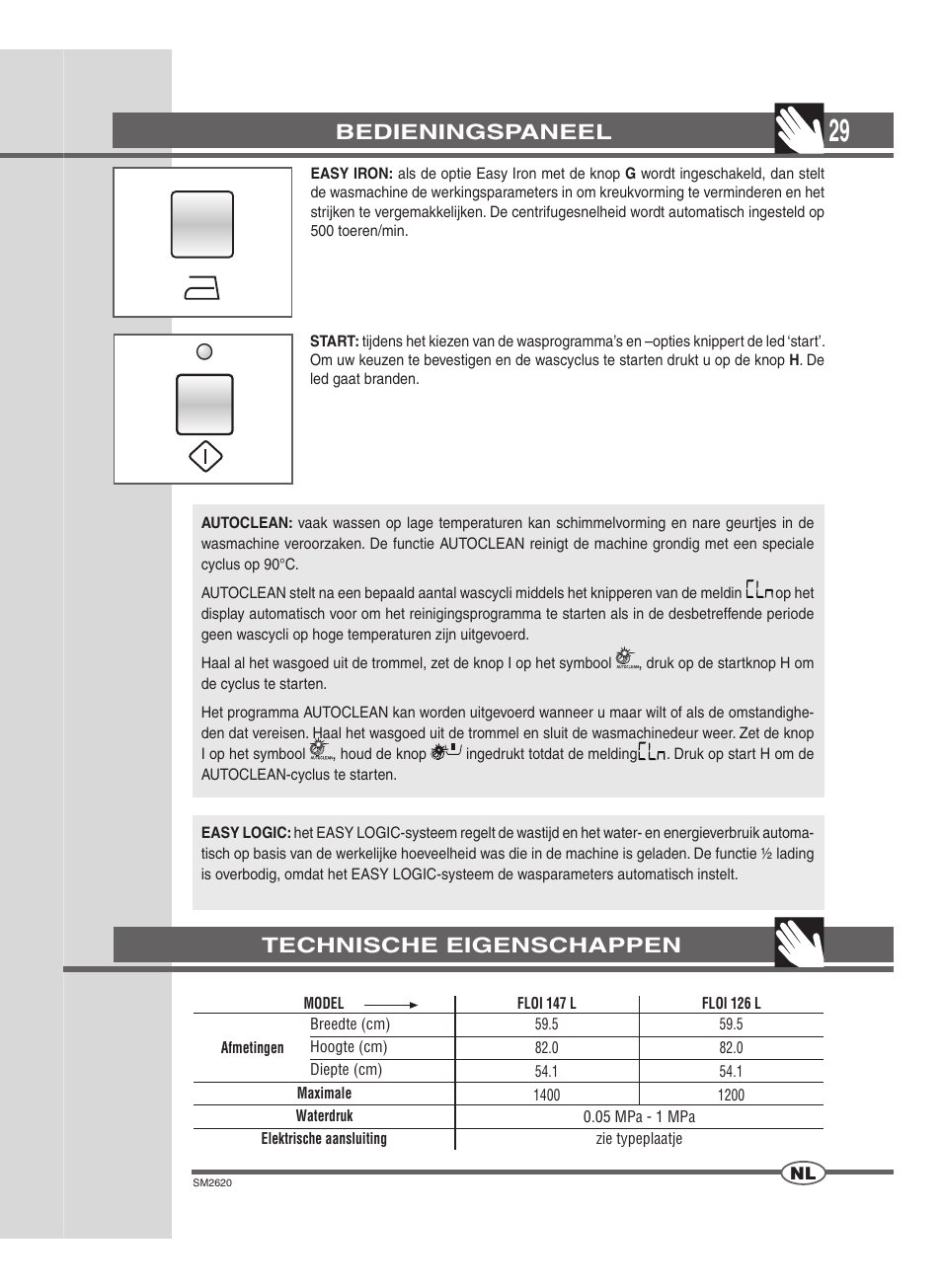 Bedieningspaneel, Technische eigenschappen | Ardo FLOI126L User Manual | Page 29 / 72