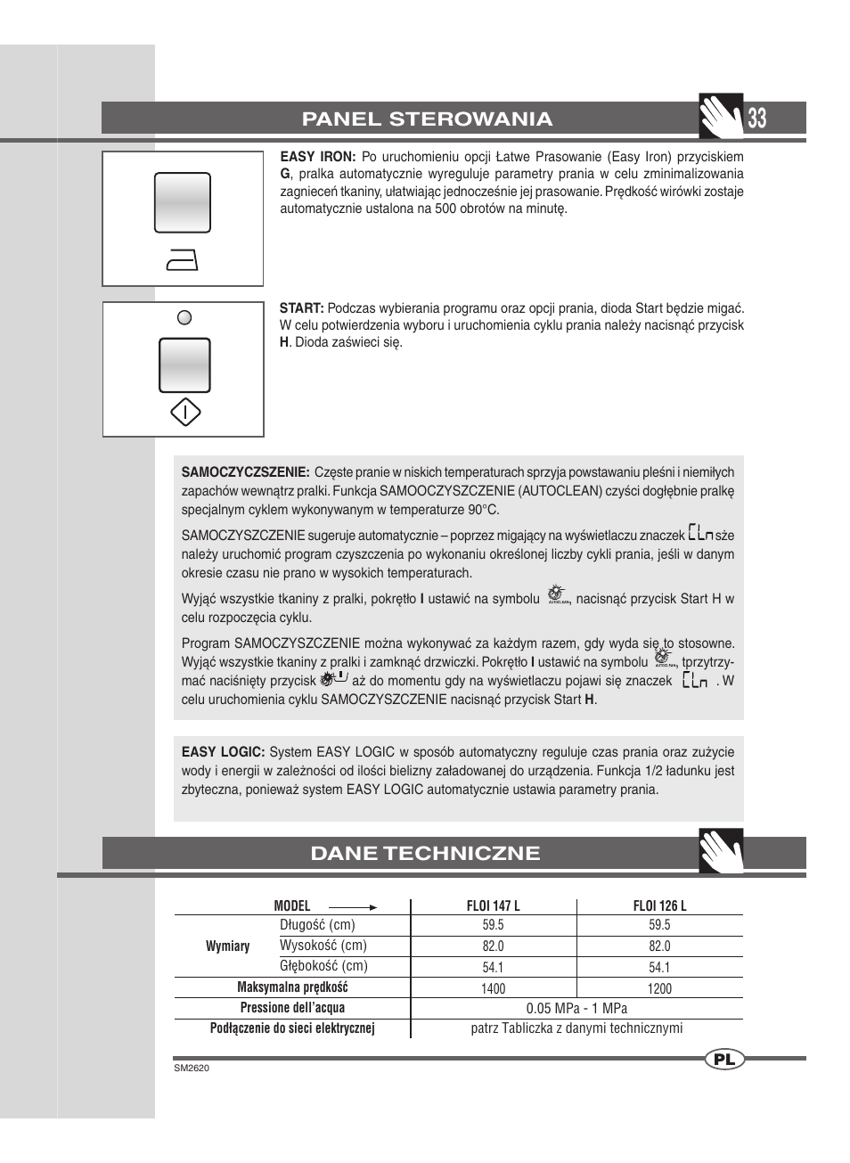 Panel sterowania, Dane techniczne | Ardo FLOI126L User Manual | Page 33 / 72