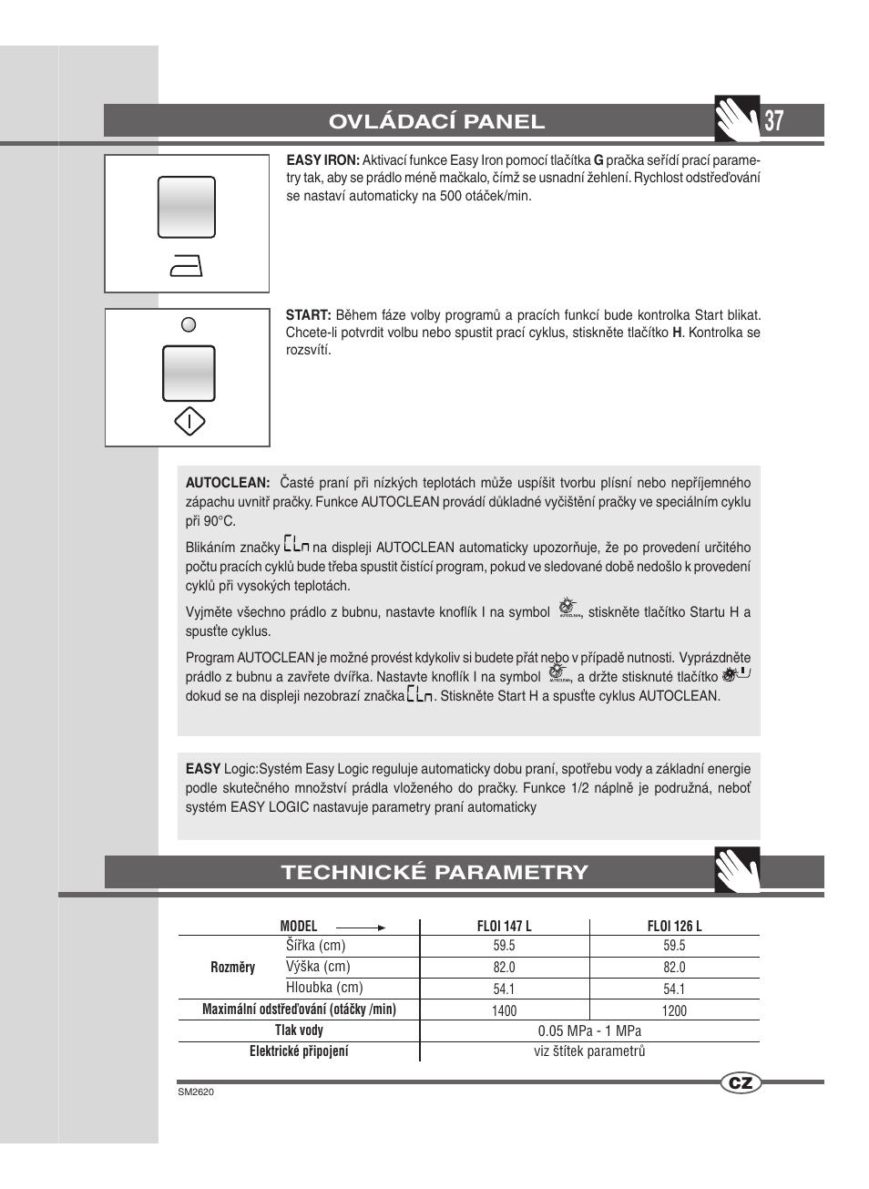 Ovládací panel, Technické parametry | Ardo FLOI126L User Manual | Page 37 / 72