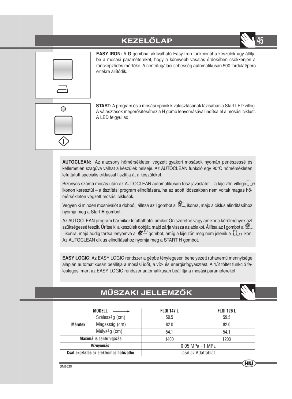 Kezelőlap, Műszaki jellemzők | Ardo FLOI126L User Manual | Page 45 / 72