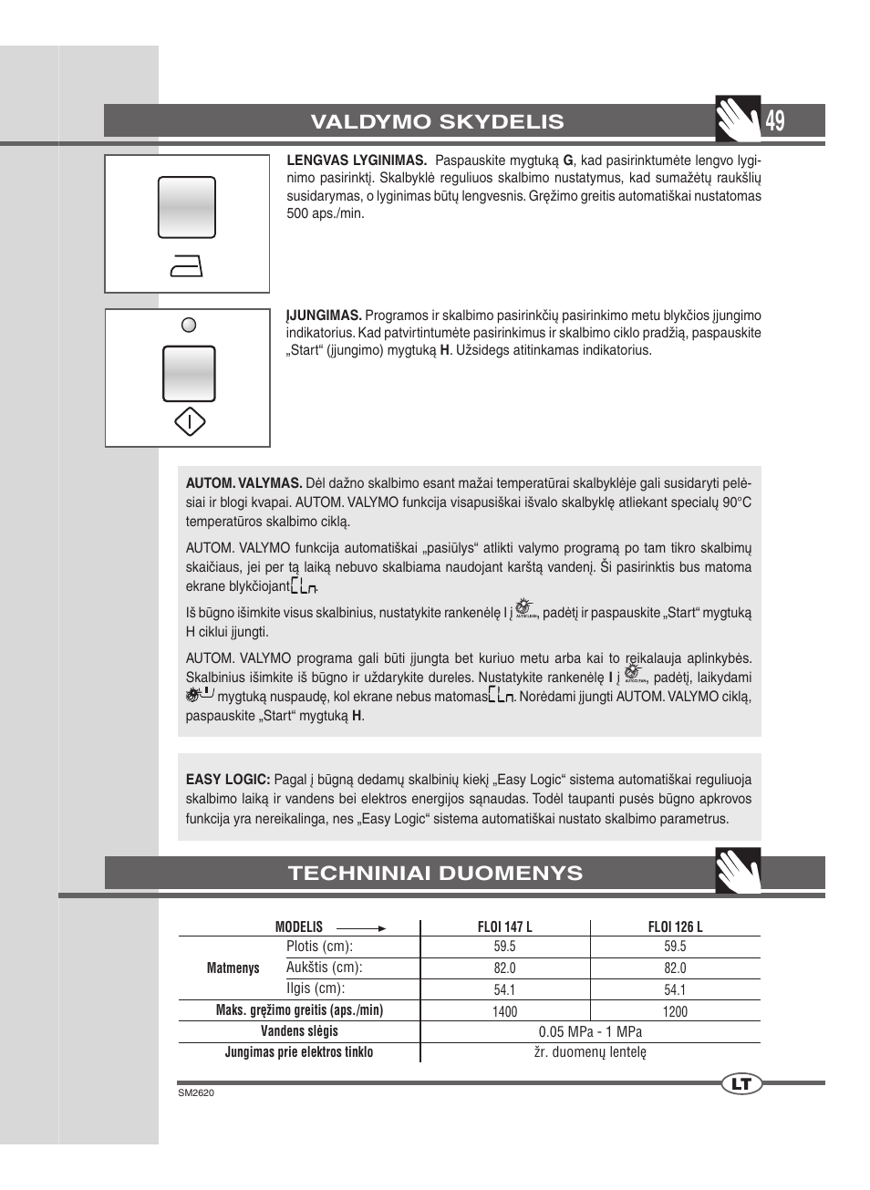 Valdymo skydelis, Techniniai duomenys | Ardo FLOI126L User Manual | Page 49 / 72
