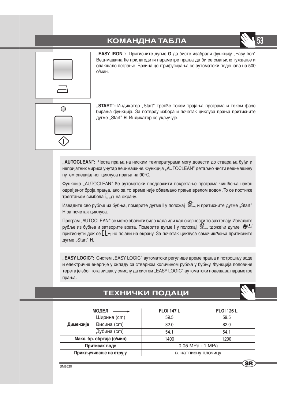 Командна табла, Технички подаци | Ardo FLOI126L User Manual | Page 53 / 72