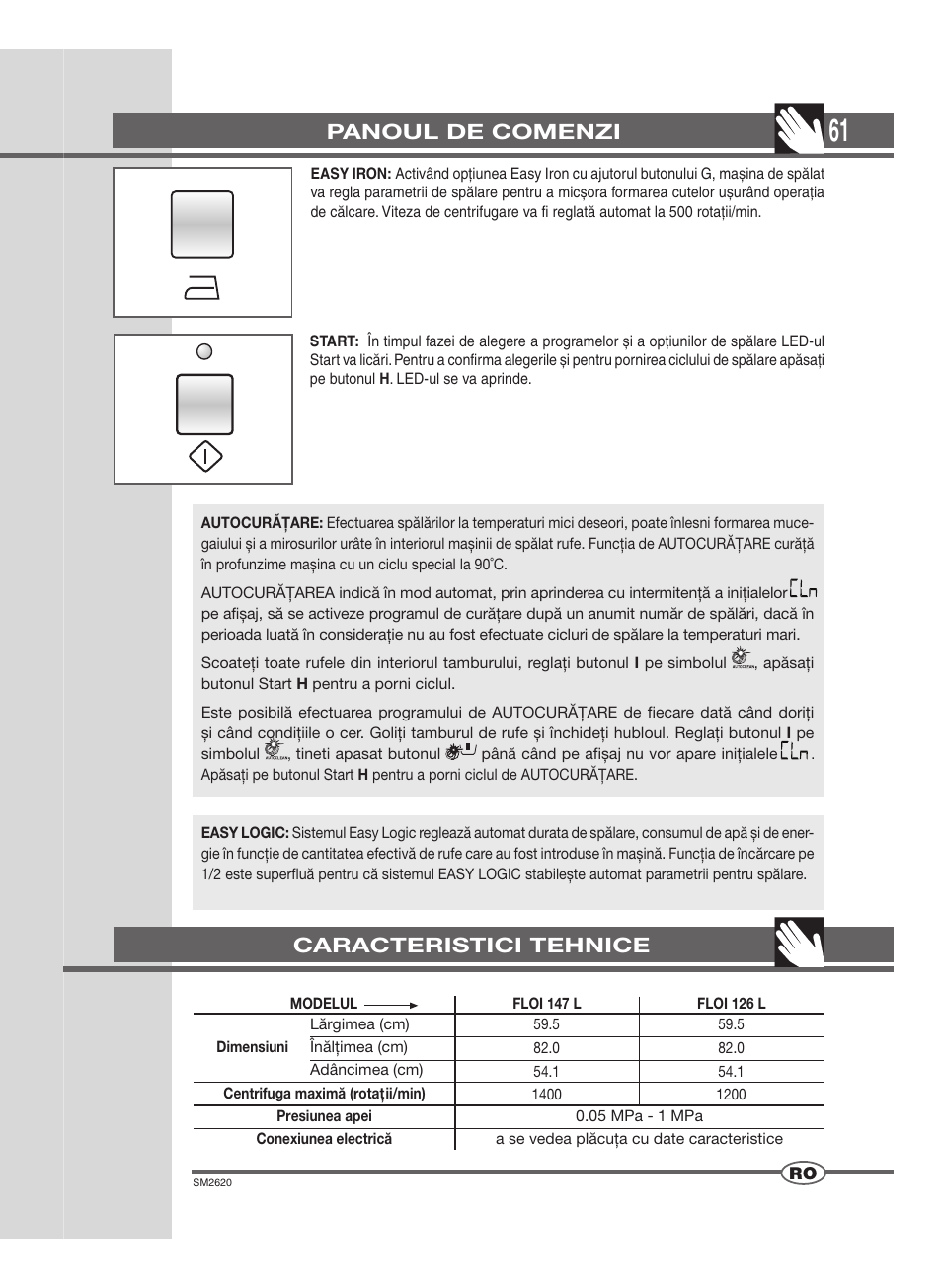 Panoul de comenzi, Caracteristici tehnice | Ardo FLOI126L User Manual | Page 61 / 72