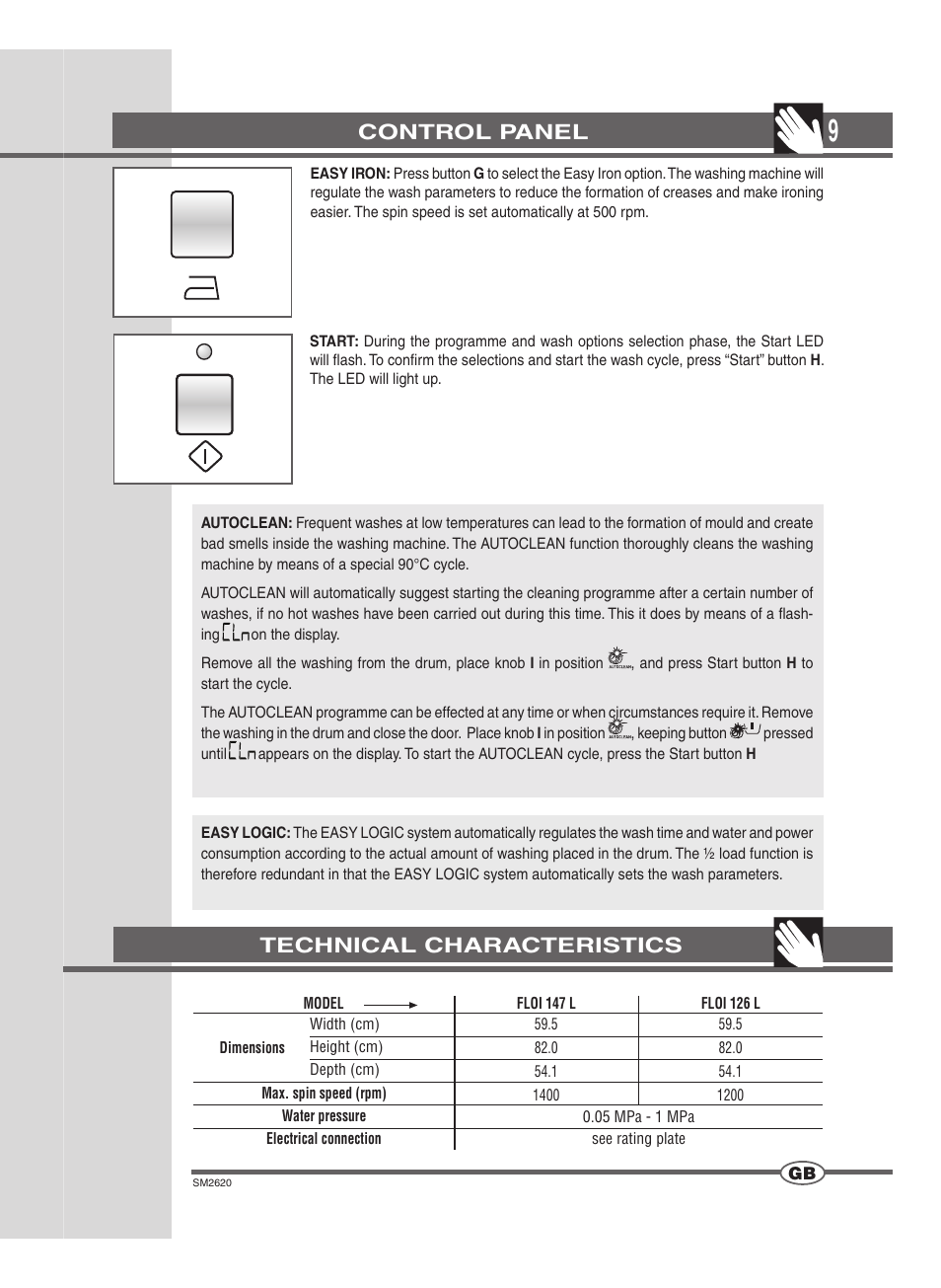 Control panel, Technical characteristics | Ardo FLOI126L User Manual | Page 9 / 72