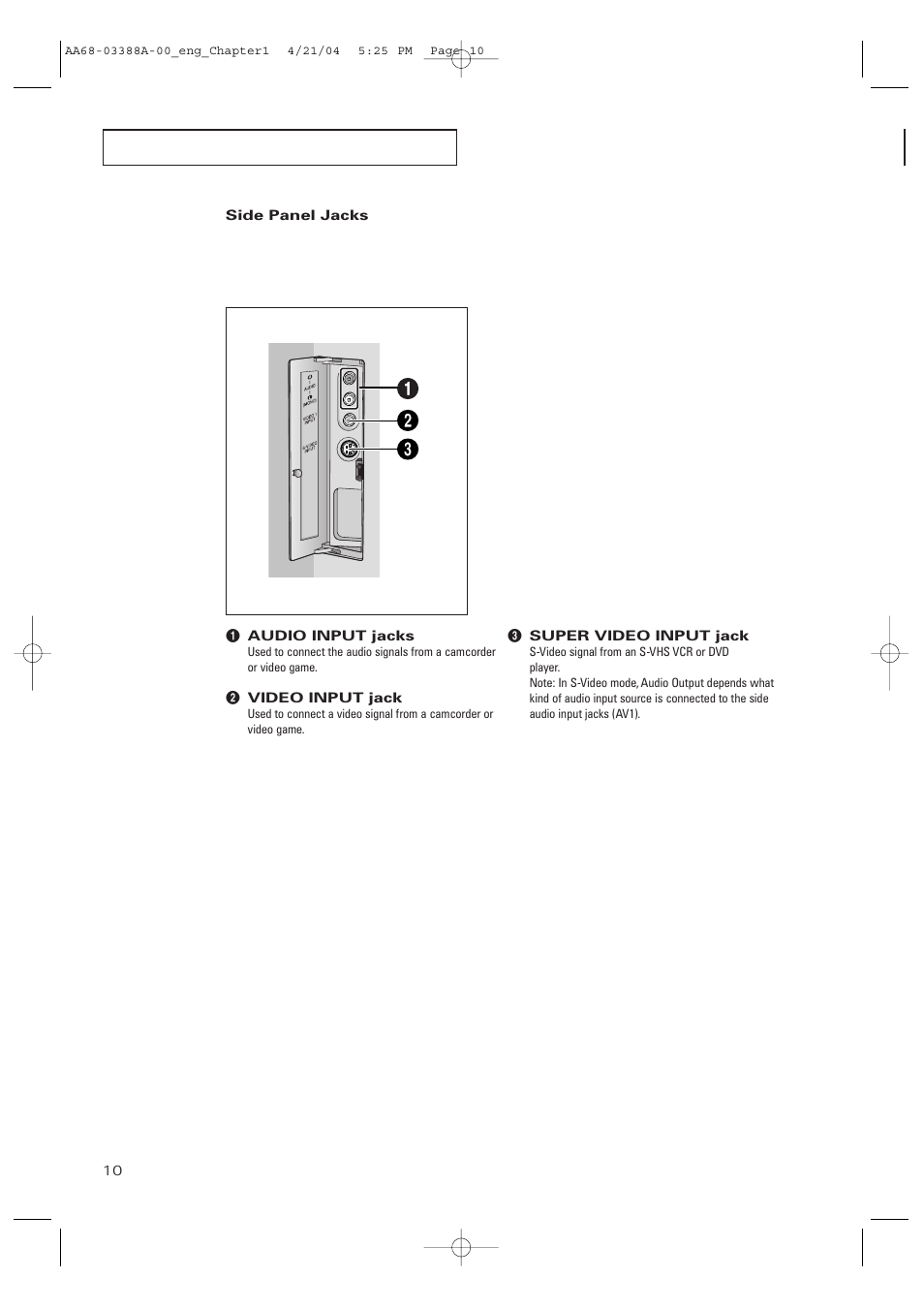 Side panel jacks | Samsung DynaFlat TX-P3076WH User Manual | Page 10 / 92