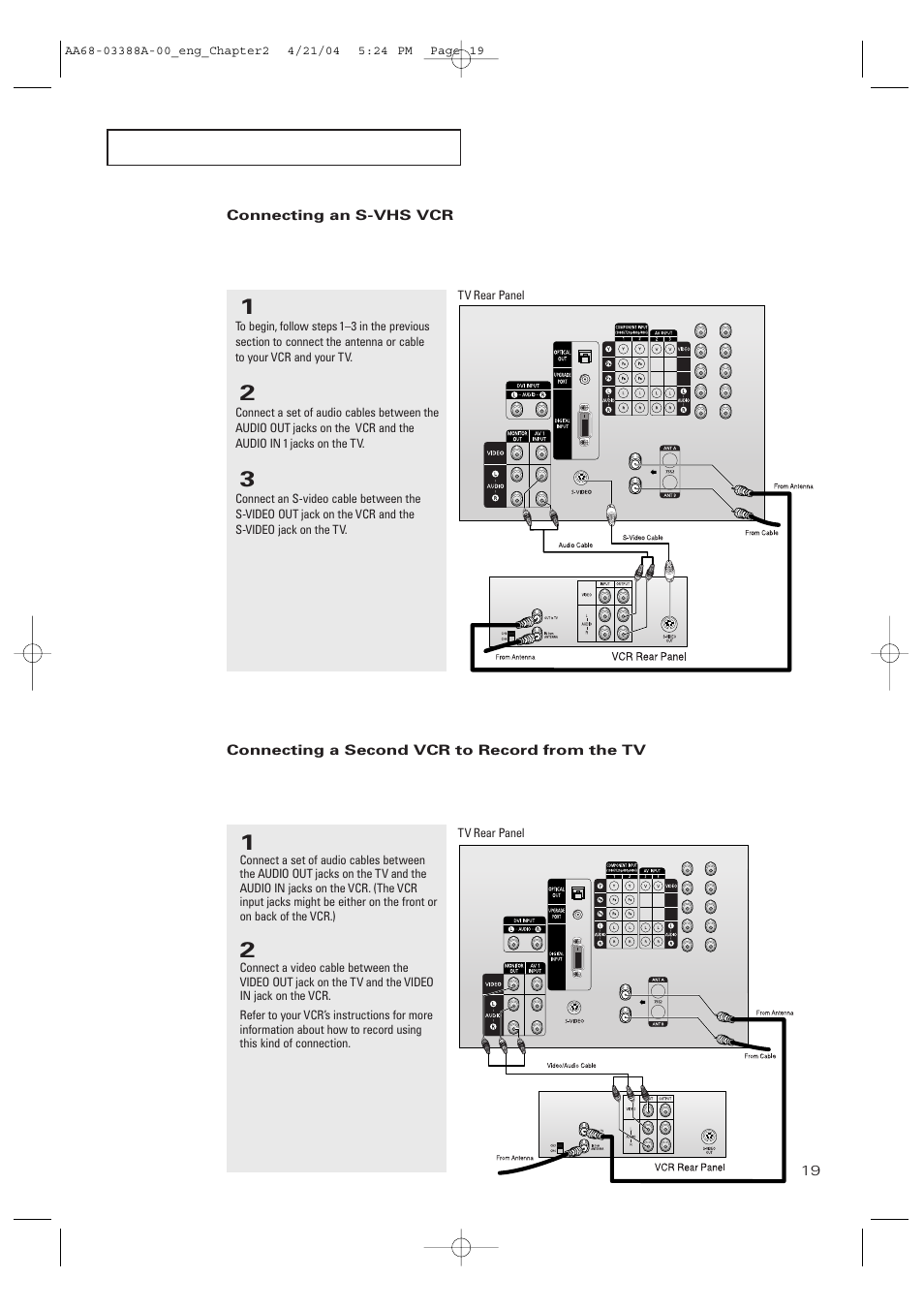 Connecting an s-vhs vcr, Connecting a second vcr to record from the tv | Samsung DynaFlat TX-P3076WH User Manual | Page 19 / 92