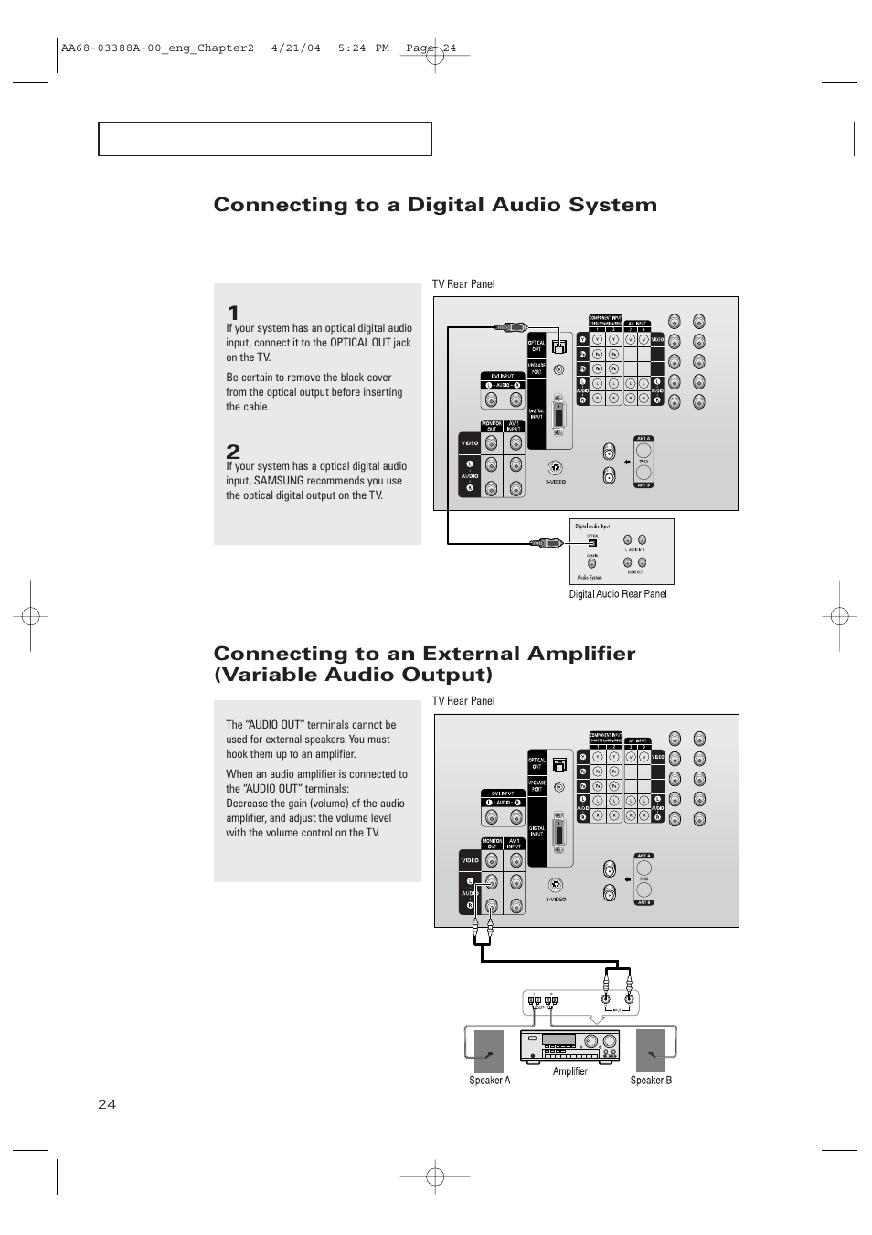 Connecting to a digital audio system | Samsung DynaFlat TX-P3076WH User Manual | Page 24 / 92
