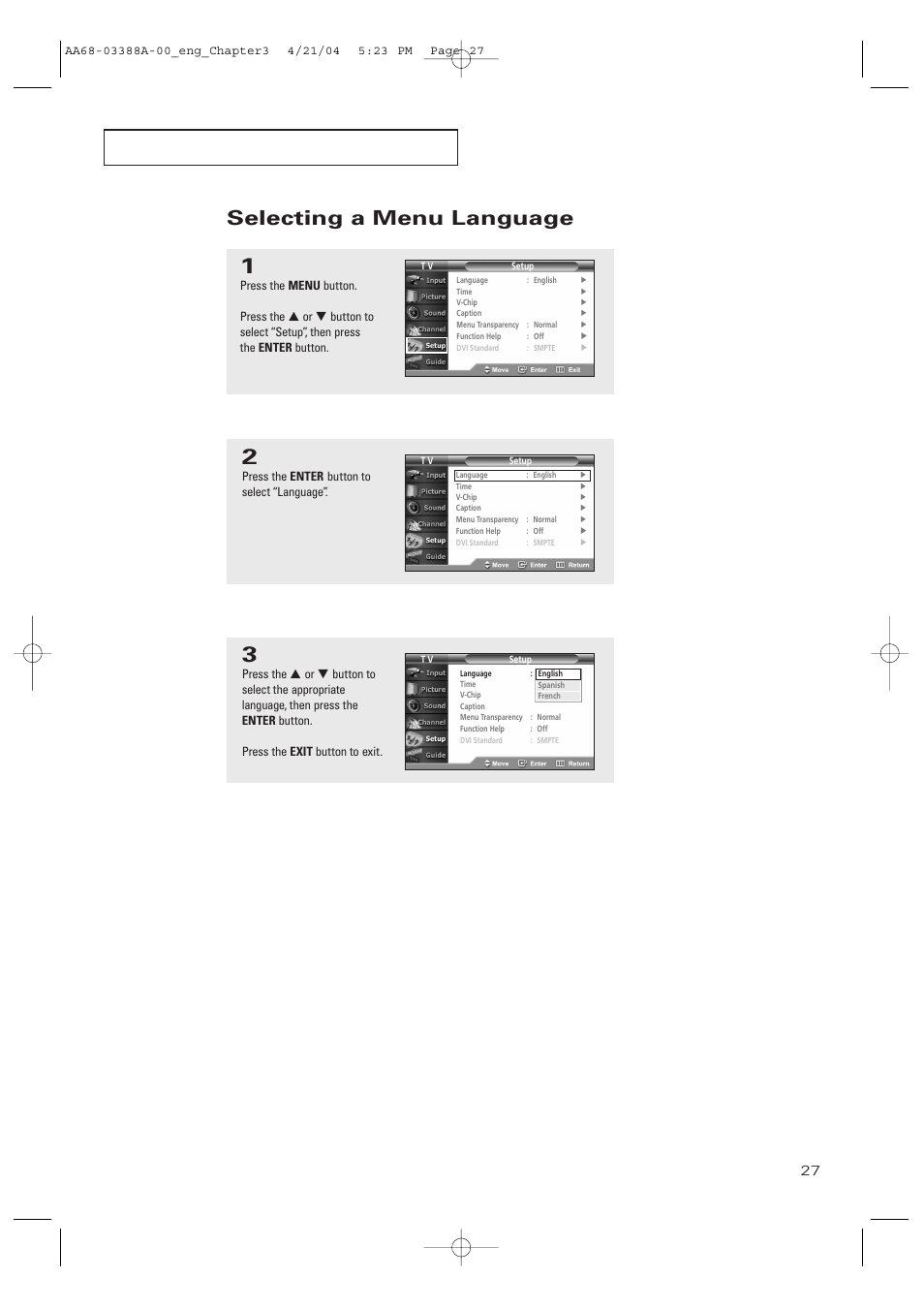 Selecting a menu language, P e r at i o n | Samsung DynaFlat TX-P3076WH User Manual | Page 27 / 92