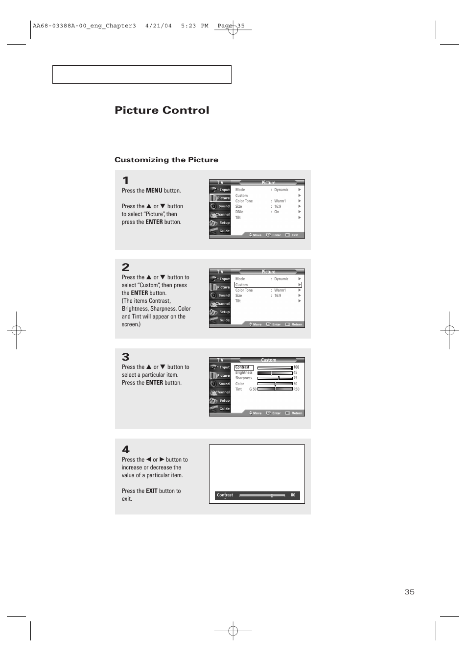 Picture control, Customizing the picture, P e r at i o n | Samsung DynaFlat TX-P3076WH User Manual | Page 35 / 92