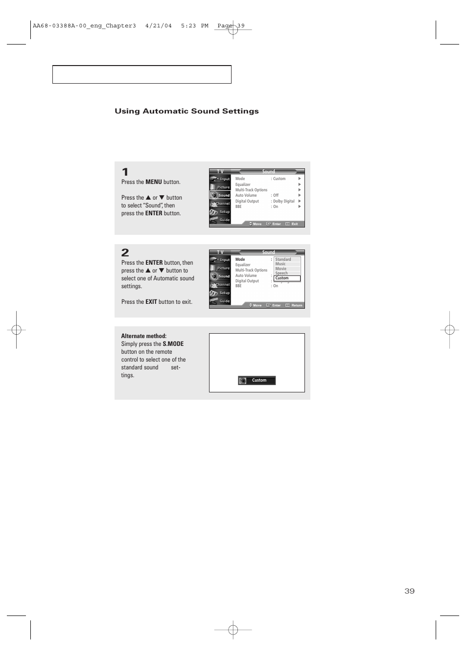 Using automatic sound settings | Samsung DynaFlat TX-P3076WH User Manual | Page 39 / 92