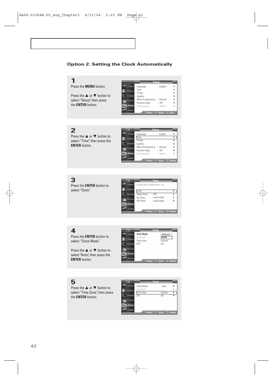 Option 2: setting the clock automatically | Samsung DynaFlat TX-P3076WH User Manual | Page 42 / 92