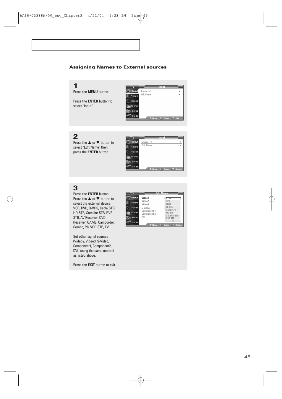 Assigning names to external sources | Samsung DynaFlat TX-P3076WH User Manual | Page 45 / 92