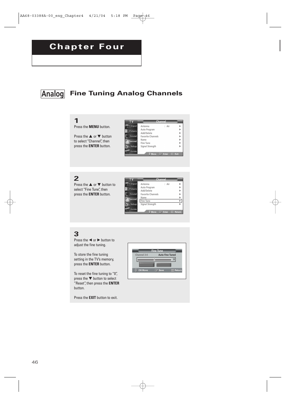 Chapter 4: special features, Fine tuning analog channels, Analog | Samsung DynaFlat TX-P3076WH User Manual | Page 46 / 92