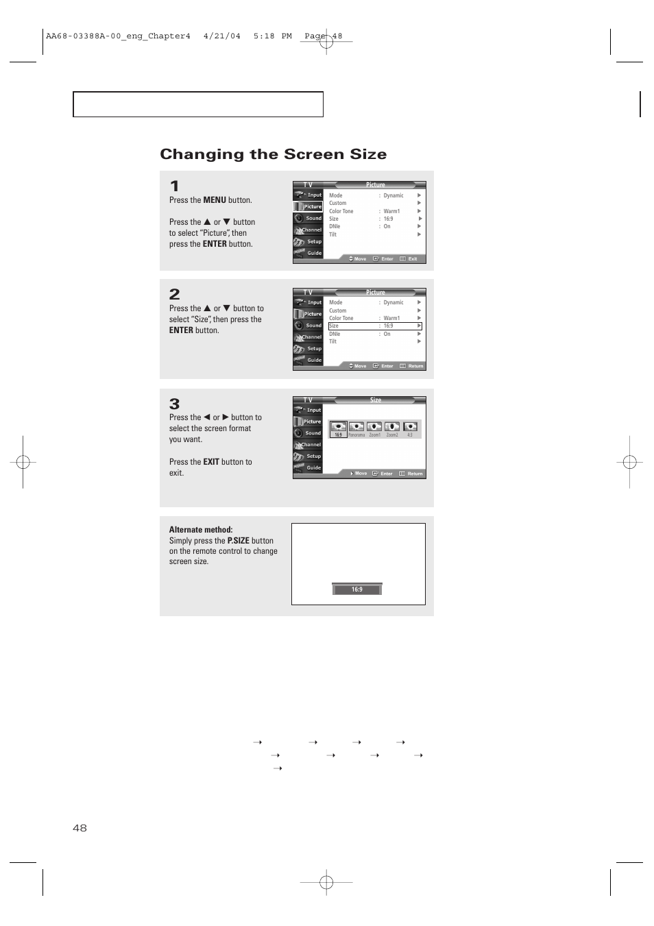 Changing the screen size | Samsung DynaFlat TX-P3076WH User Manual | Page 48 / 92