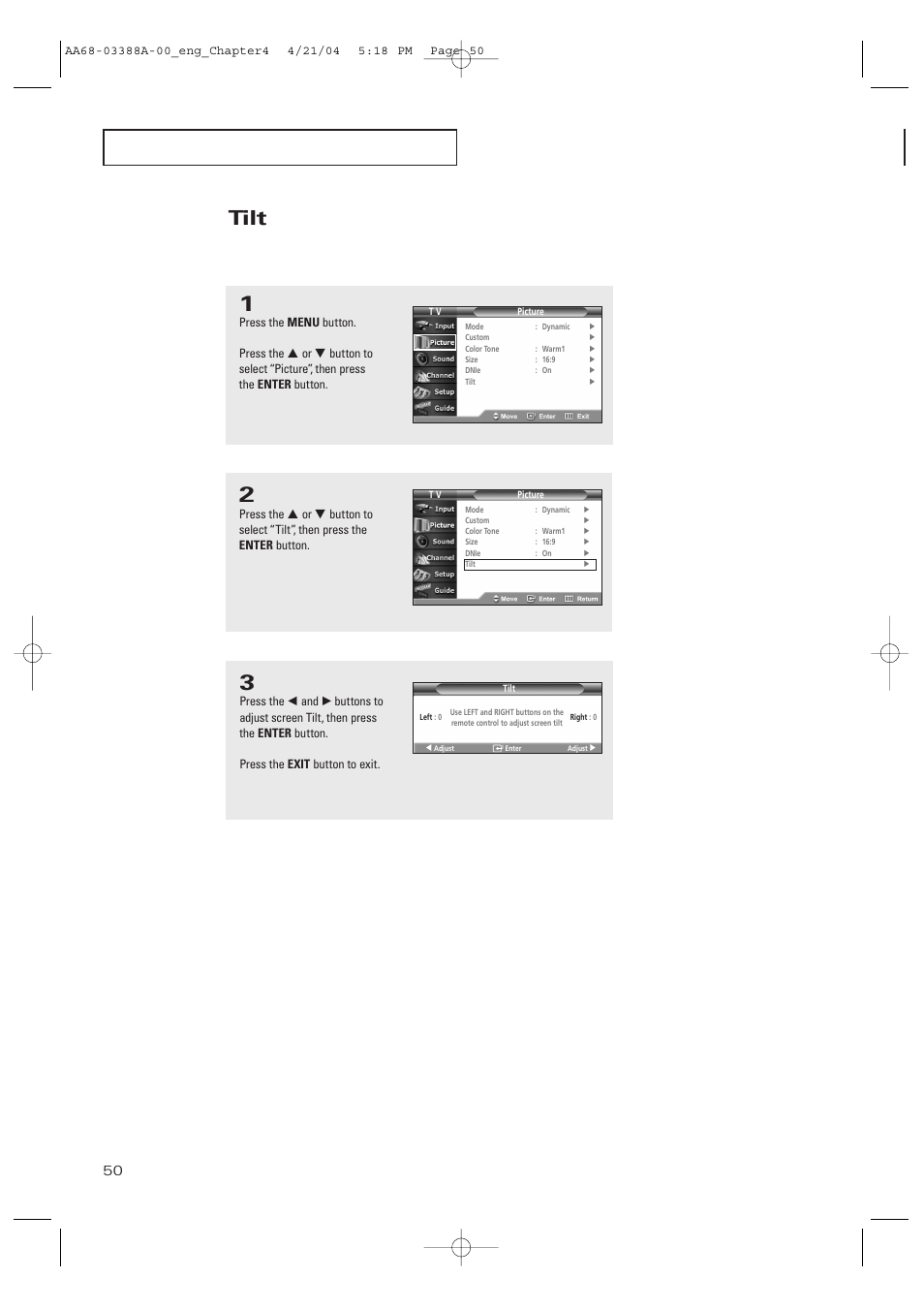 Tilt | Samsung DynaFlat TX-P3076WH User Manual | Page 50 / 92