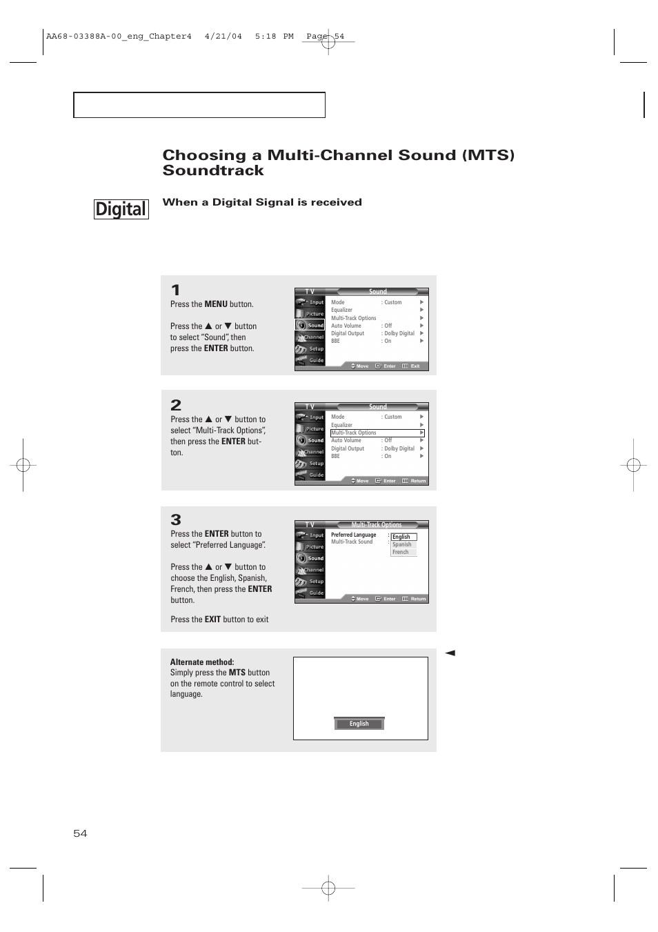 Choosing a multi-channel sound (mts) soundtrack, When a digital signal is received, Digital | Samsung DynaFlat TX-P3076WH User Manual | Page 54 / 92